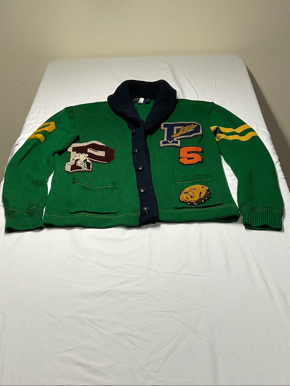 Polo by Ralph Lauren Green Patchwork Cardigan with Navy Shawl Collar
